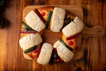 Three Kings Bread also called Rosca de Reyes, Roscon, Epiphany Cake, traditionally served with hot chocolate in a clay Jarrito. Mexican tradition on January 5th.