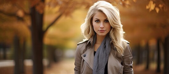 Stylish blonde woman in fall fashion, posing outside.