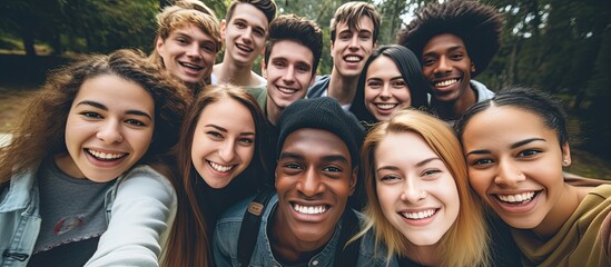 Group of diverse college students taking a joyful outdoor selfie.