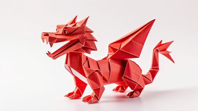 Origami Chinese new year zodiac dragon decoration on plain backgroud, Paper craft. Dragon of paper. For social media post or cover thumbnail