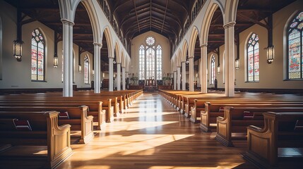 Fototapeta premium A shot of a church's interior with people sitting on wooden benches.