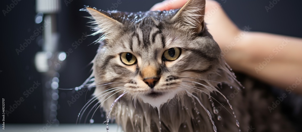 Sticker Gray tabby cat being shampooed at grooming salon by a woman.