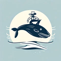 Zelfklevend Fotobehang a logo featuring a cowboy riding a whale © freelanceartist
