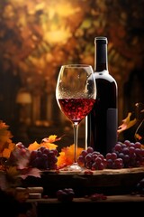 Obraz premium Red wine glass with wine bottle and grapes on bokeh background