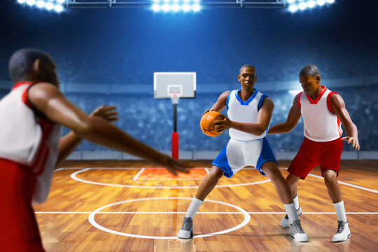 3d illustration two team of young professional basketball player running dribblling in sport arena