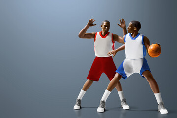 3d illustration two team of young professional basketball player running dribblling isolated on grey background