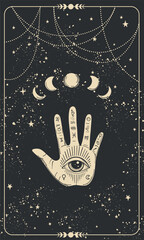 Vintage drawing of a palm with an eye for palmistry, numerology, tarot. Linear esoteric print on a black background. Vector magic linear illustration.