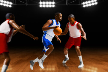 Fototapeta premium 3d illustration two team of young professional basketball player running dribblling in sport arena