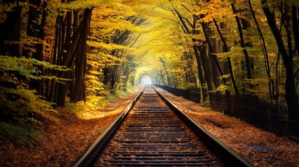 In the autumn forest, there is a train tunnel and railroad that is filled with love for autumn...
