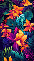 Bright tropical graphic background with jungle plants.