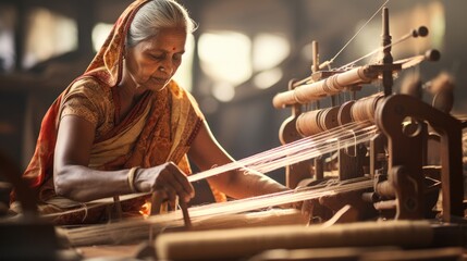Mature woman weaver uses a loom to make a hand woven maheshwari sari - obrazy, fototapety, plakaty