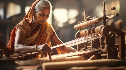 Fotobehang Mature woman weaver uses a loom to make a hand woven maheshwari sari © mariiaplo