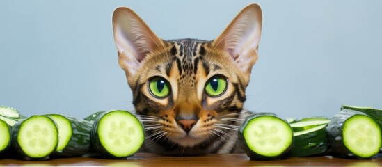Bengal cat with cucumbers in front of eyes in spa. Vertical image. - obrazy, fototapety, plakaty