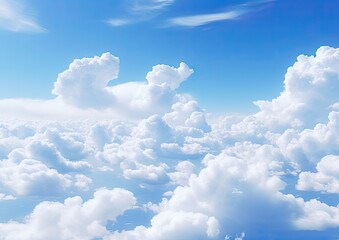 Naklejka na ściany i meble A photorealistic image of a light blue sky filled with fluffy white clouds. The camera angle is a