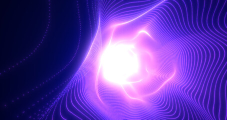 Abstract purple energy tunnel made of lines and dots of particles, tunnel glowing shiny futuristic hi-tech, abstract background