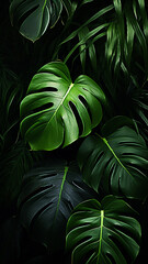 Green leaves of Monstera philodendron plant growing abstract decoration
