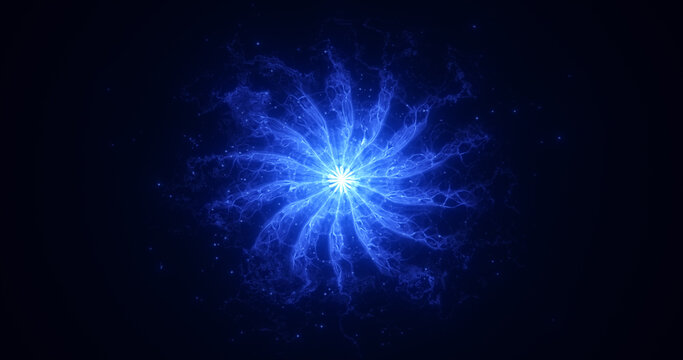 Abstract glowing blue futuristic energy dust with waves of magical energy particles on a dark blue background
