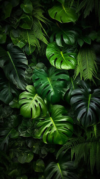 Fototapeta Green tropical leaves of Monstera fern and palm decoration