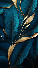 Luxury blue leaf background with golden metal illustration - obrazy, fototapety, plakaty