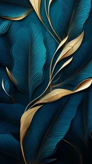 Foto op Plexiglas Luxury blue leaf background with golden metal illustration © BornHappy