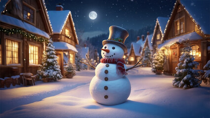 3D illustration of a snowman in a village at Christmas night. The winter background includes a picturesque village with snow-covered houses and twinkl