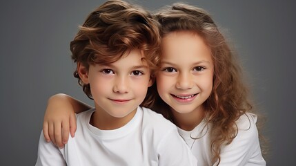 A boy and a girl are posing in front of a white background.