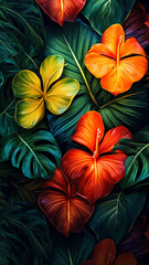 tropical leaves colorful flower on dark tropical design illustration