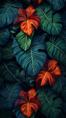 tropical leaves colorful flower on dark tropical