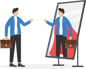 Businessman looking at his strong ideal self superhero reflection mirror. Self confidence, positive attitude to success, determination to achieve goals. Vector illustration.

