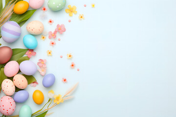 easter card, easter bunny with eggs, easter eggs and flowers, easter eggs in a basket, easter eggs and flowers on a white background, easter wall paper and background for social media