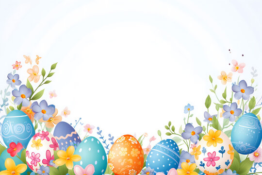 easter card, easter bunny with eggs, easter eggs and flowers, easter eggs in a basket, easter eggs and flowers on a white background, easter wall paper and background for social media