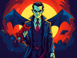 Fototapeta na wymiar Dracula with Bat Vector Colorful Cartoon Illustration