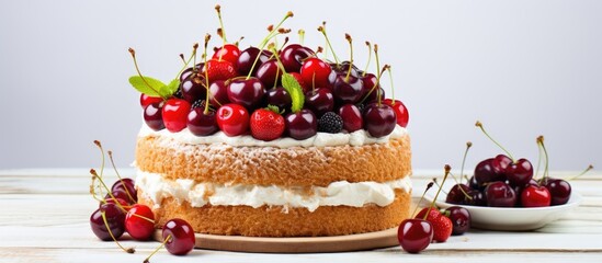 Homemade fruity sponge cake on a white wooden board, topped with berries and cherries.