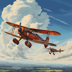 Vintage biplanes performing loops and rolls in a clear sky - obrazy, fototapety, plakaty