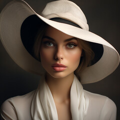 Young beautiful fashionable woman. Hidden eyes with hat, ai technology