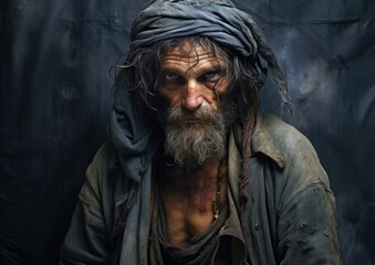 A renaissance-style portrait of a hobo, capturing their weathered face and tattered clothing with