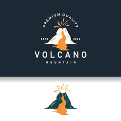 Volcano logo illustration silhouette design volcano mountain erupting with simple rocks and lava - obrazy, fototapety, plakaty