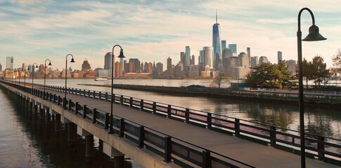 Fototapeta premium New York City skyline. Manhattan Skyscrapers in NYC, panorama from drone.