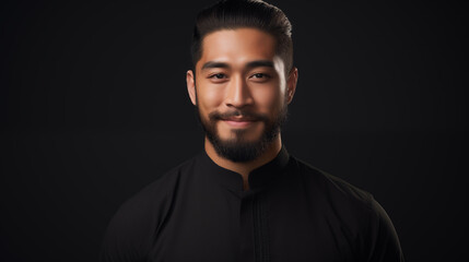 Fototapeta premium Happy young asian man with beard and stylish hairstyle. Positive expression studio portrait. AI generated.
