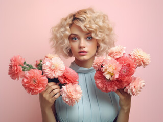 Woman with flowers, soft retro look.