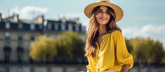 Stylish solo tourist woman sightseeing in Paris, France, wearing a yellow blouse and hat. - obrazy, fototapety, plakaty