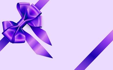 Decorative purple bow with long ribbon isolated on light background. Christmas and New Year holiday decoration. Vector illustration.