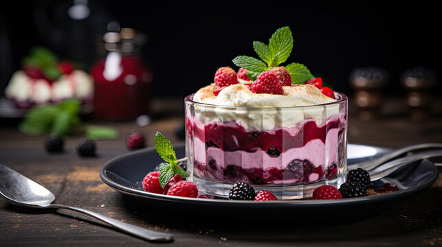 Berry vanilla pudding layered with mint leaves AI Generative