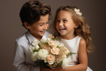 cheerful couple boy and girl with a beautiful bouquet of flowers, love, valentines day