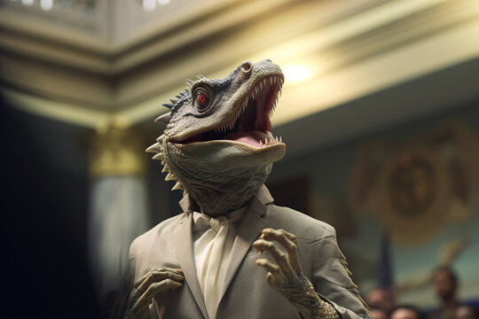 Female politician lizard person speaking at a political event,  reptilian shapeshifter conspiracy theory
