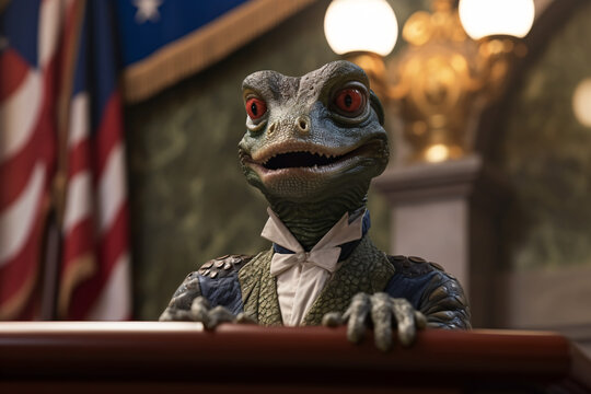 Female politician lizard person speaking at a political event,  reptilian shapeshifter conspiracy theory