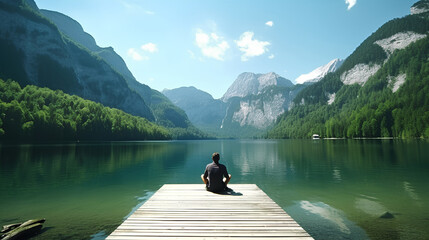 a person sitting on a boat pier admiring the Konigssee lake, Bavaria, Germany