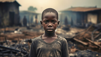 A poor little boy stands in a smoking dump on the outskirts of a slum. Poverty and hunger concept. Help hungry children - obrazy, fototapety, plakaty