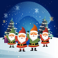 santa clauses in costumes standing together near snowy fir trees christmas eve holiday happy new year celebration template