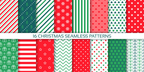 Christmas pattern. Seamless backgrounds. Xmas New year prints with polka dot, candy cane stripes, tree, stars snowflakes. Set Noel textures. Holiday red green wrapping papers. Vector illustration